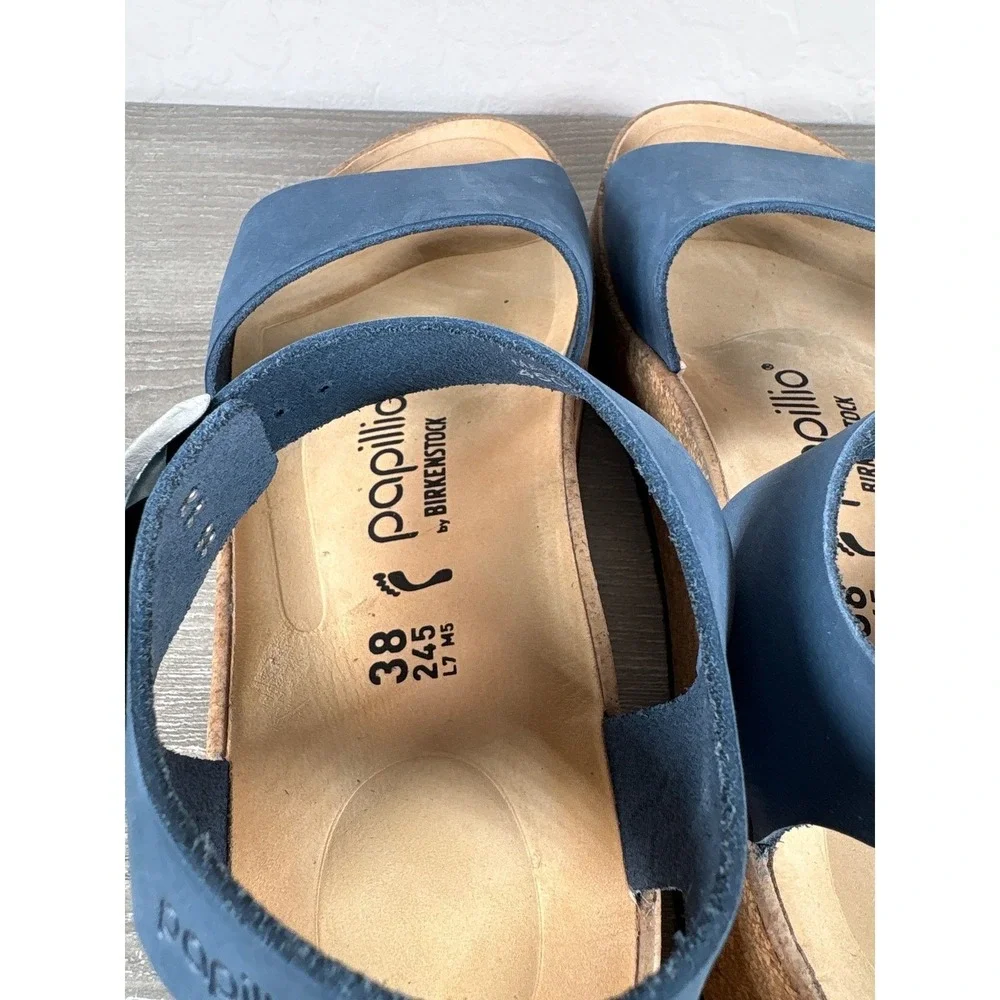 Papillio by Birkenstock Glenda Blue Nubuck Leather Platform Wedge Sandals 38 L7